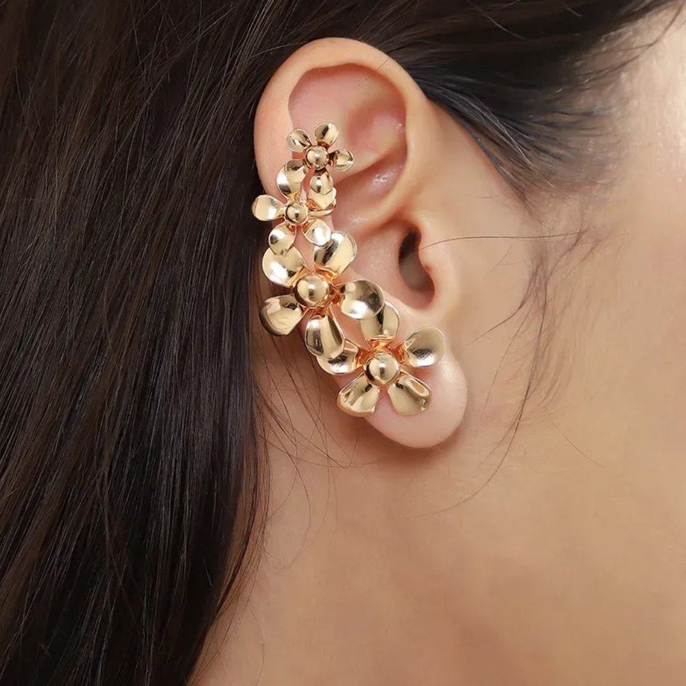 Gold Floral Four Tier Flower Climber Statement Earrings NEW